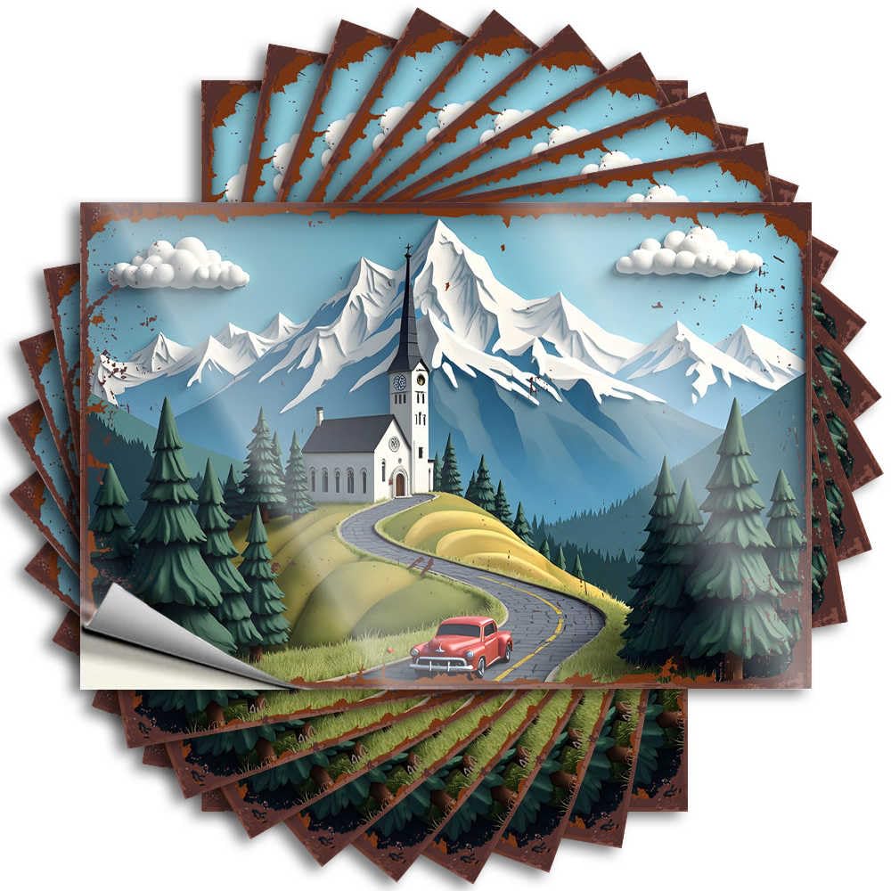 Stickers Crazy Cool Room Stuff Waterproof - Mountain Serenity: Vintage Car Journey Through Pine-Lined Roads Bottle Self Adhesive Decal for Girls Use(6X9CM)