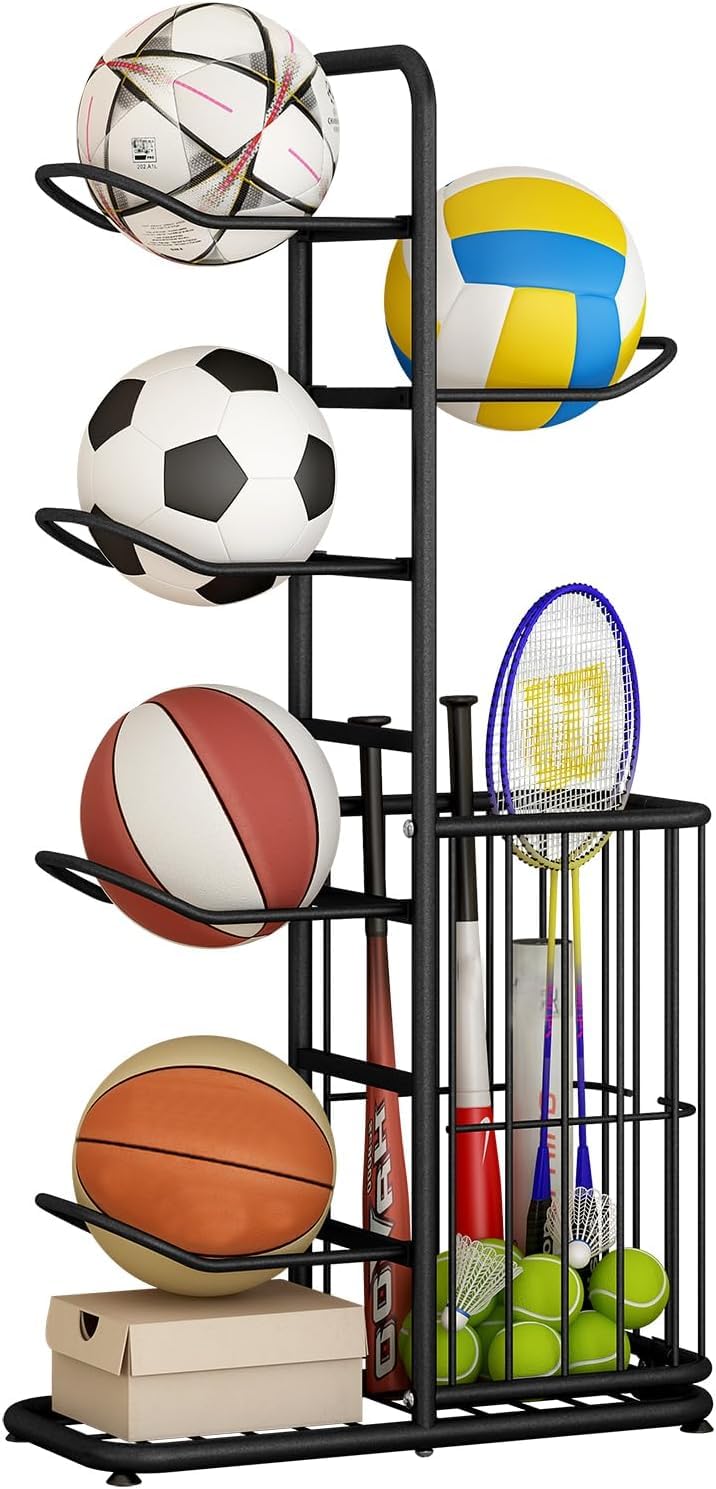 Ball Storage Rack, Football Stand, Ball Storage Garage, Ball Holder, Sports Equipment Storage For Garage, Basketball Organizer Rack With Basket, Toy/Sports Gear Storage Indoor