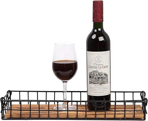 Bandeja de madera marrón rústica con marco de alambre de metal industrial, asas de malla, caja de exhibición rectangular de madera, mesa de cocina,