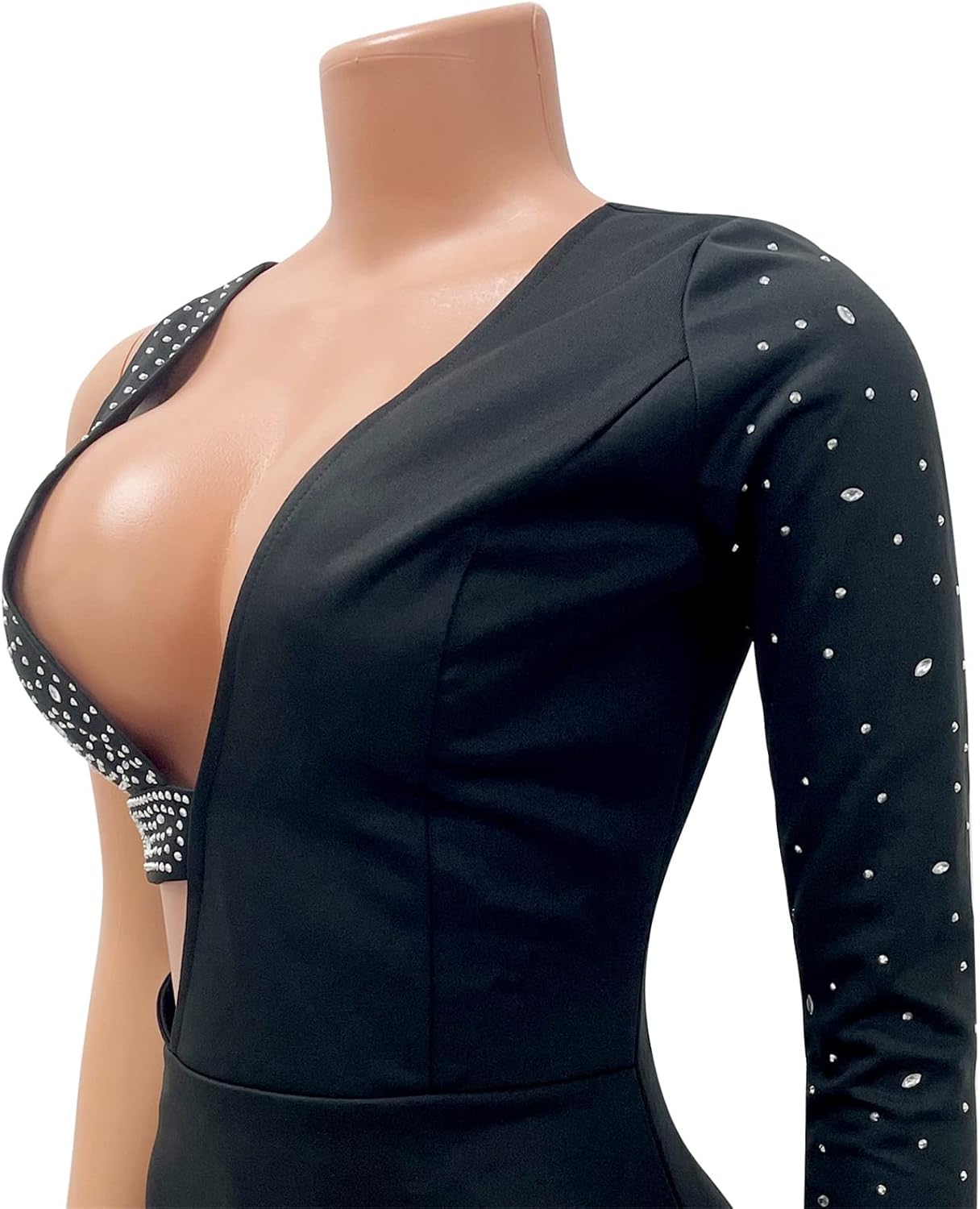 Womens Sexy Asymmetric Sleeve Deep V Neck Rhinestone Bodycon Party Clubwear Dress - Image 6