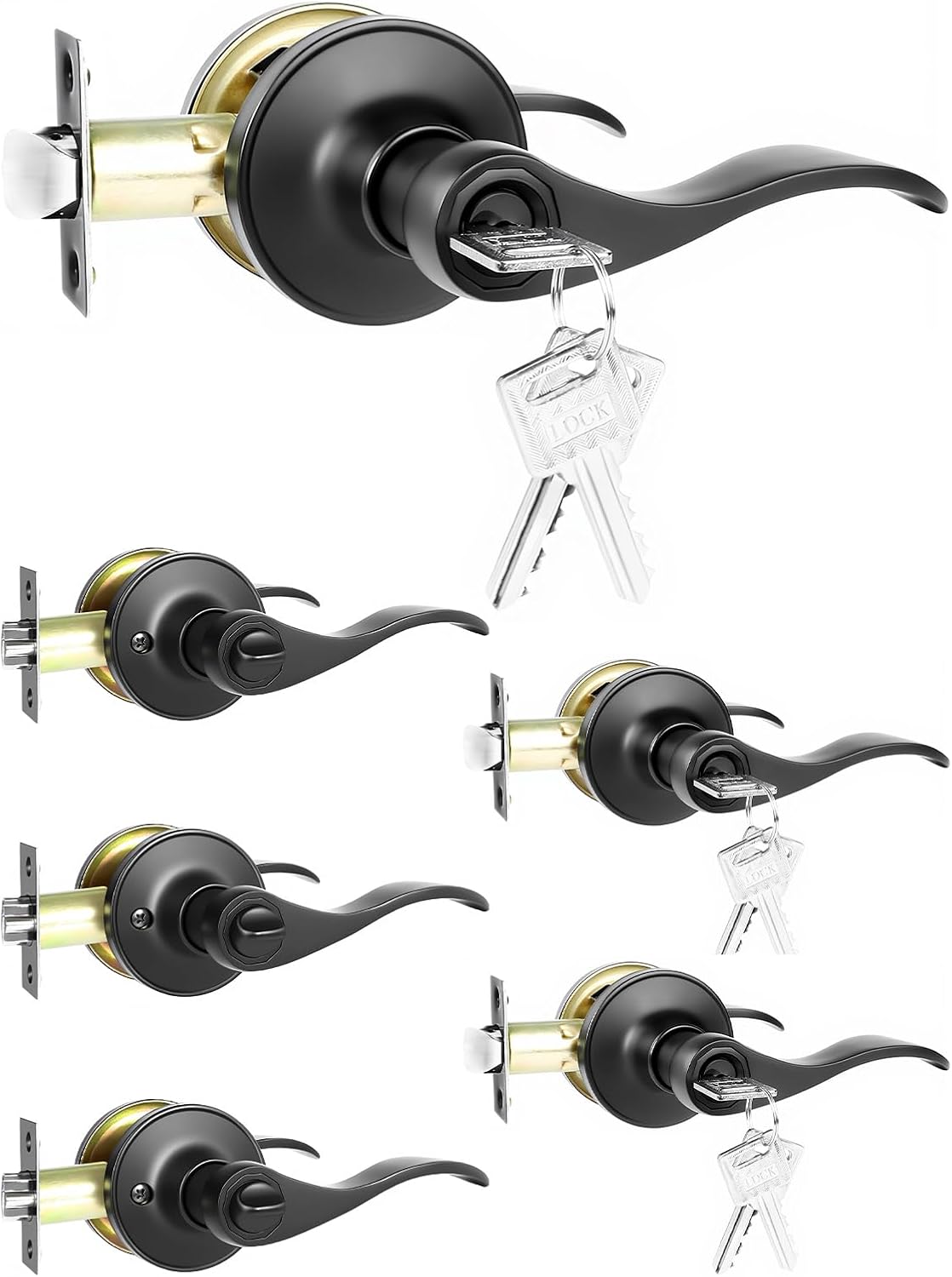 DPB 1Pcs Wave Interior Door Handle with Turn Lock, Matte Black Passage Door Lock, Heavy Bedroom and Bath Door Knobs for Right & Left Sided Doors (Lock but No Key, Black, 1Pcs)