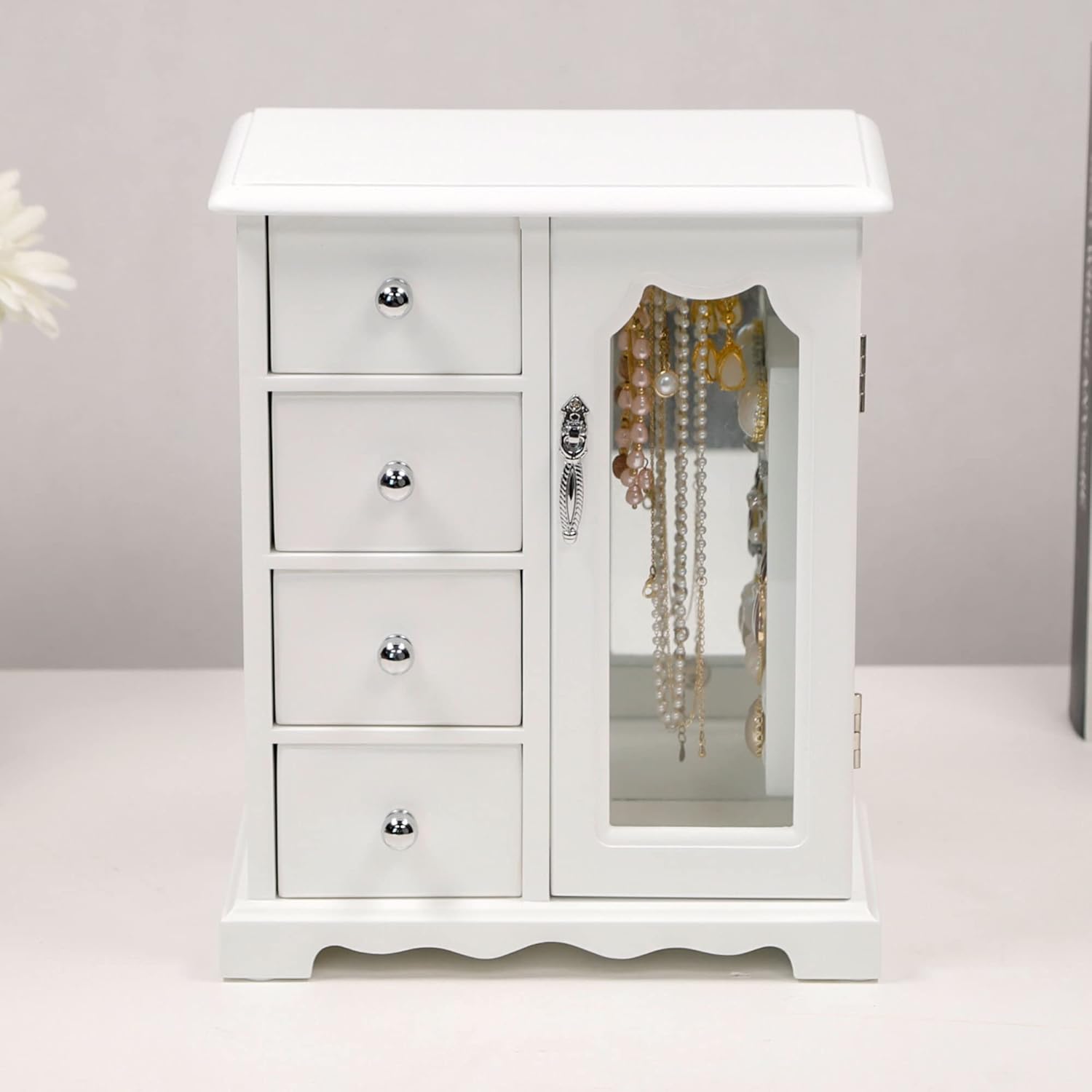 Kendal Wooden Jewelry Box for Women, Solid Jewelry Organizer, Jewelry Holder Organizer, Mothers Day Gifts, Wood Jewelry Case with Mirror for Necklaces, Earring, Rings (4 Drawer, White)