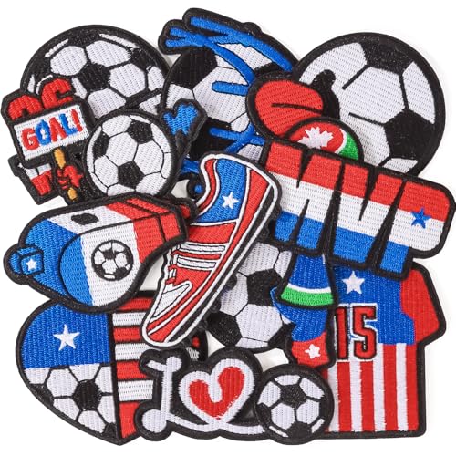 12PCS Soccer Iron on Patches 2026 World Cup Theme US Flag Football Embroidered Patch American Sports Appliques for Clothing Trucker Hat Jerseys Caps Jacket Backpack Fan Gear Team Decor DIY Repair