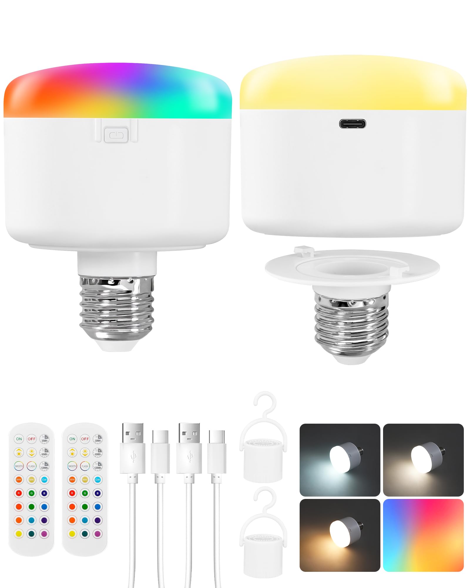 GOEBLESON E27 Rechargeable LED Bulb with Remote, 5400mAh Battery, RGB & Dimmable, Wireless Magnetic Light for Camping Emergency Home, 2 Pack ZR09YBKP205
