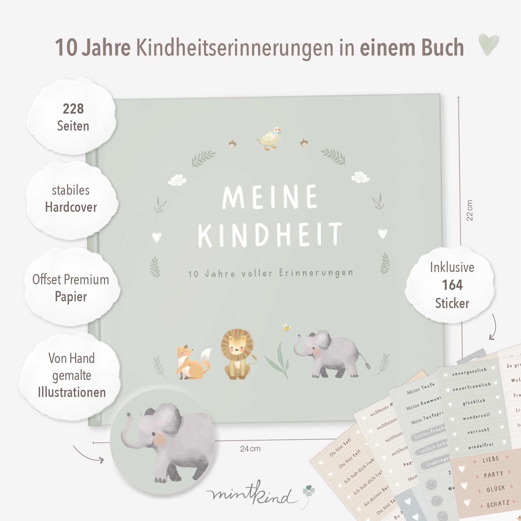 mintkind® Erinnerungsalbum Kindheit Salbei, Babybuch mit Sticker Set, Geschenk zur Geburt, Fotoalbum Kinder, Tagebuch zum Eintragen, Erinnerungsbuch 0–10 Jahre, Hardcover Album
