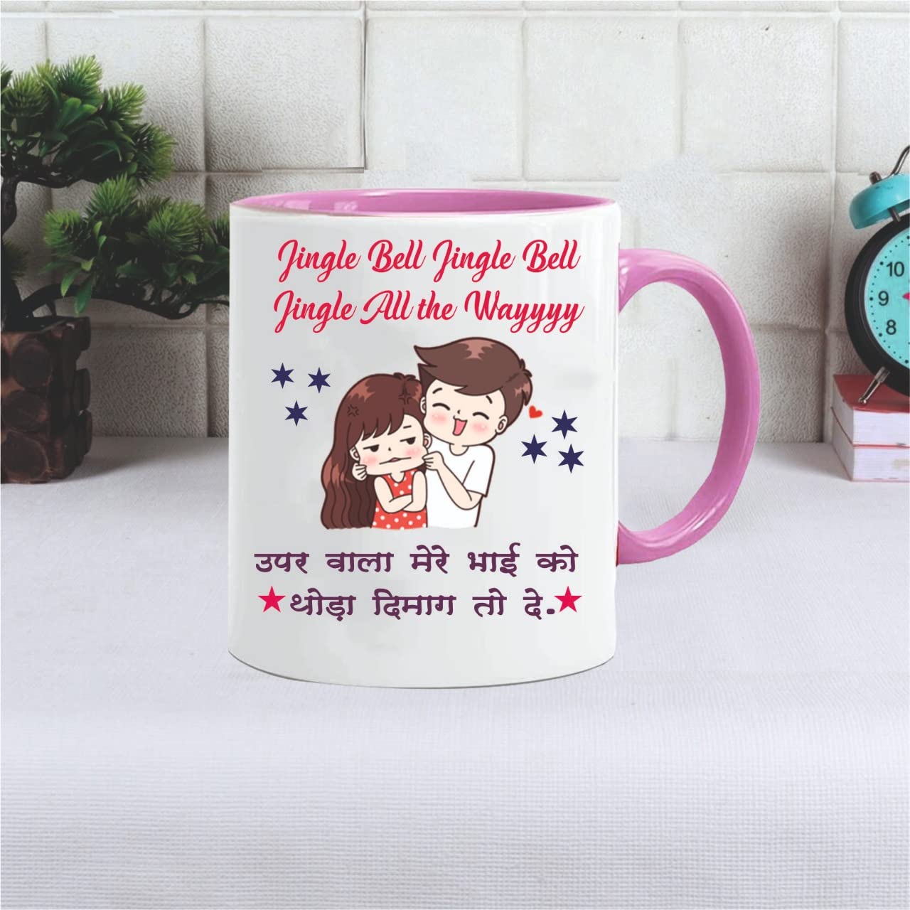 GIFT JAIPUR Jingle Bell Jingle Bell Pink Handle White Ceramic Mug- Gift for Sister from Brother on Birthday Rakhi rakshabandhan bhaidooj Return Gift