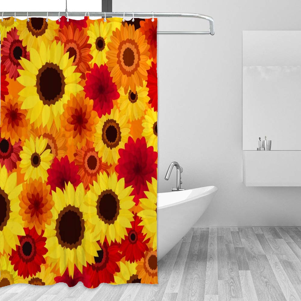 Rideau de douche imperméable en tissu polyester imprimé fleurs jaune 66x72 inch