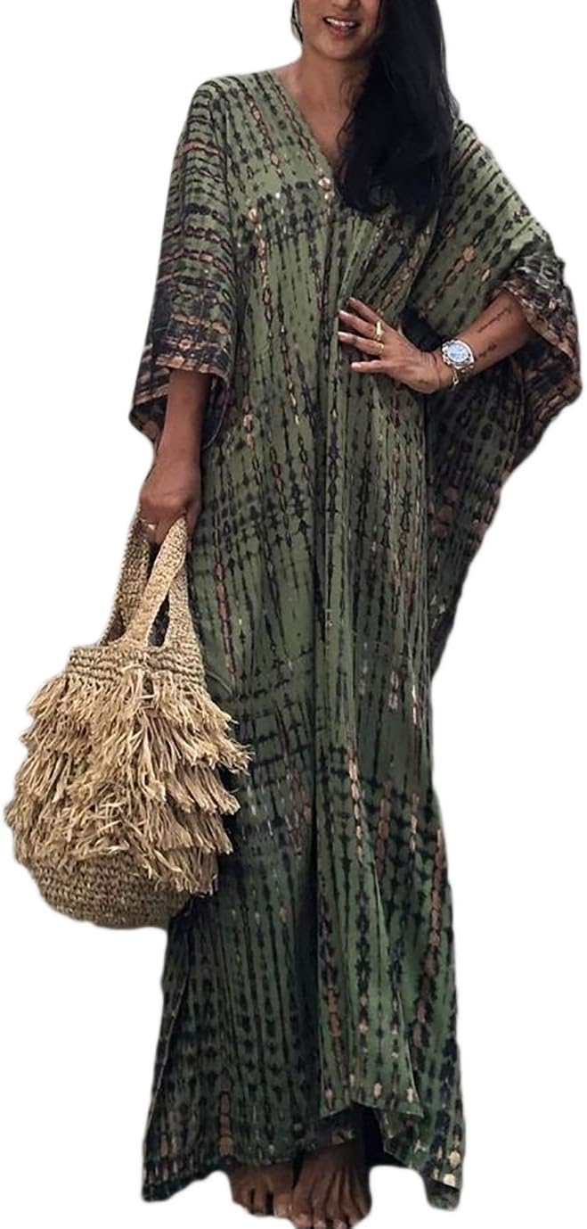 Plus Size Beach Kaftan Dresses for Women Print V-Neck Long Swimsuit Cover Ups