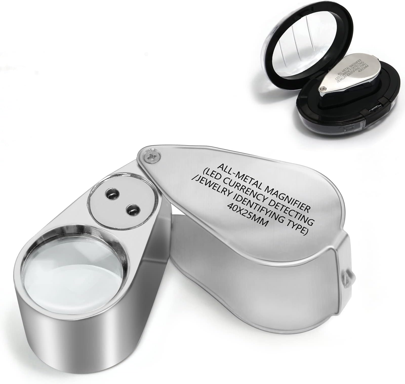 Levin 40X Full Metal Illuminated Jewelers Eye Loupe Magnifier, Small Pocket Folding Magnifying Glass Jewelry Loop with LED for Gems, Jewellery, Coins, Map, 1'' Lens Dia