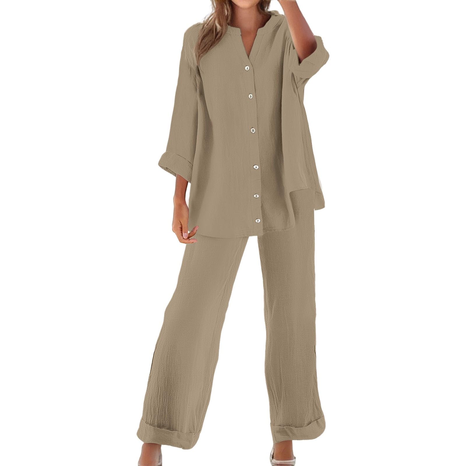 Completo Donna Estivo Leggera Taglie Forti Primavera Camicia e Pantaloni Coordinato Cotone e Lino Casual Tute da Ginnastica Curvy Primavera Set Spiaggia Traspirante Comodo Tuta da Casa con Bottoni