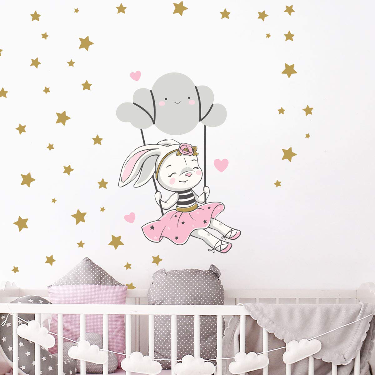 Wall Stickers for Children - Baby Room Decoration - Wall Stickers - Rabbit on Cloud + 100 Stars - Wall Sticker - H45 x L30 cm
