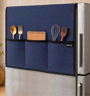 AFFIZZ Fridge Cover Top for Single Door Refrigerator with 6 Side Pockets | Waterproof, Dustproof & Washable Polyester Refrigerator Cover Top | Kitchen Organizer Fridge Top Cover | 130 x 54 cm | Blue
