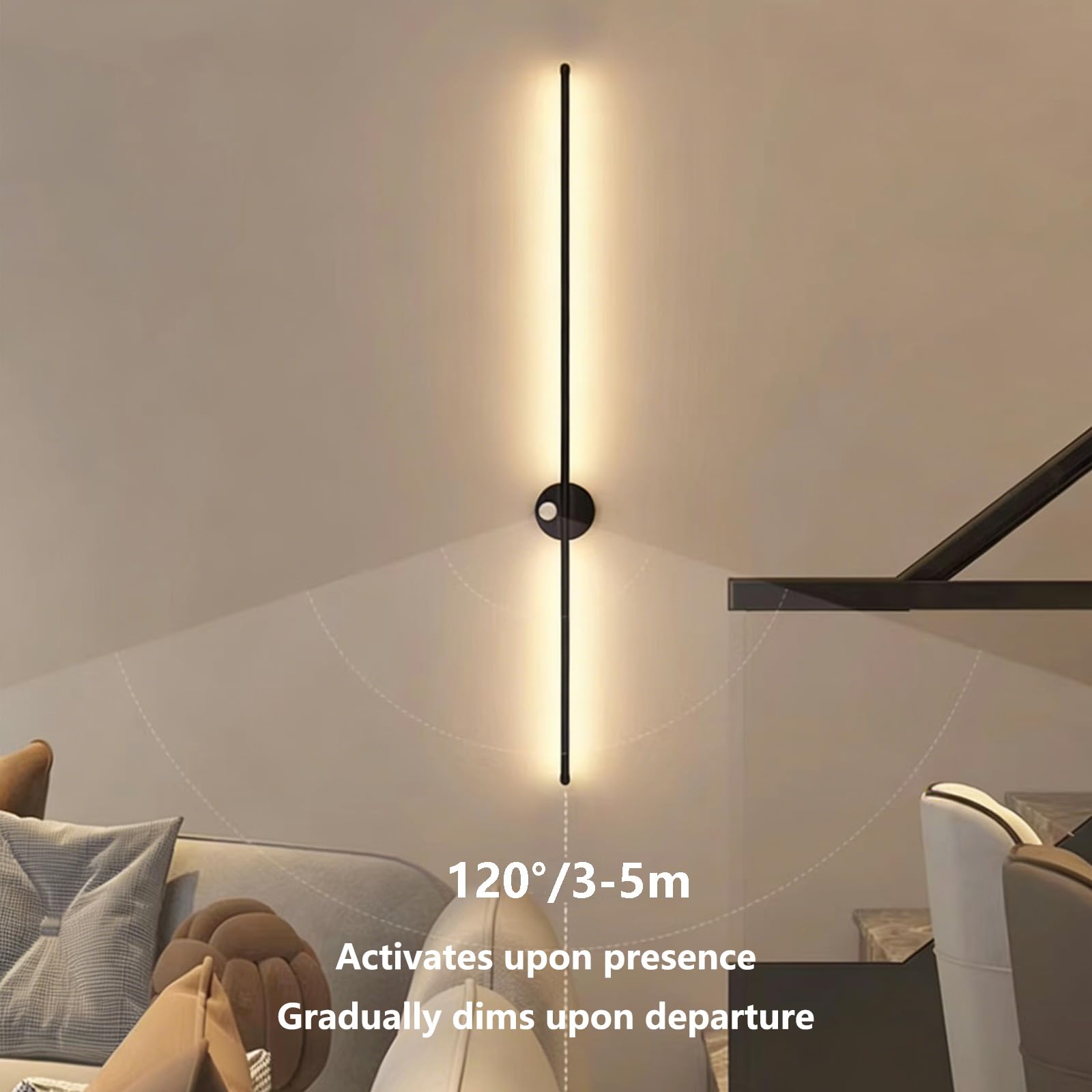 Moderne LED Applique Murale Intérieure Lampe Murale mit Bewegungsmelder Luminaire Mural Longue Design Éclairage Mural Aluminium pour Salon Chambre Couloir (Or-Lumière Blanche,120cm)