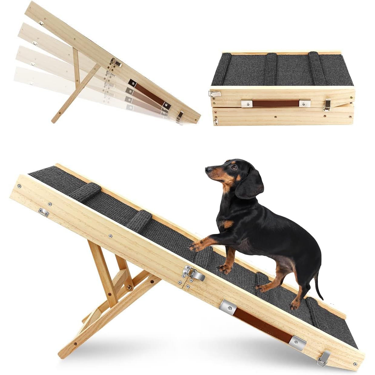 Rampa Plegable para Perros de Madera - Altura Ajustable 25-48cm con Alfombrilla Antideslizante para Cama/Sofá | También para Gatos（83 * 30cm