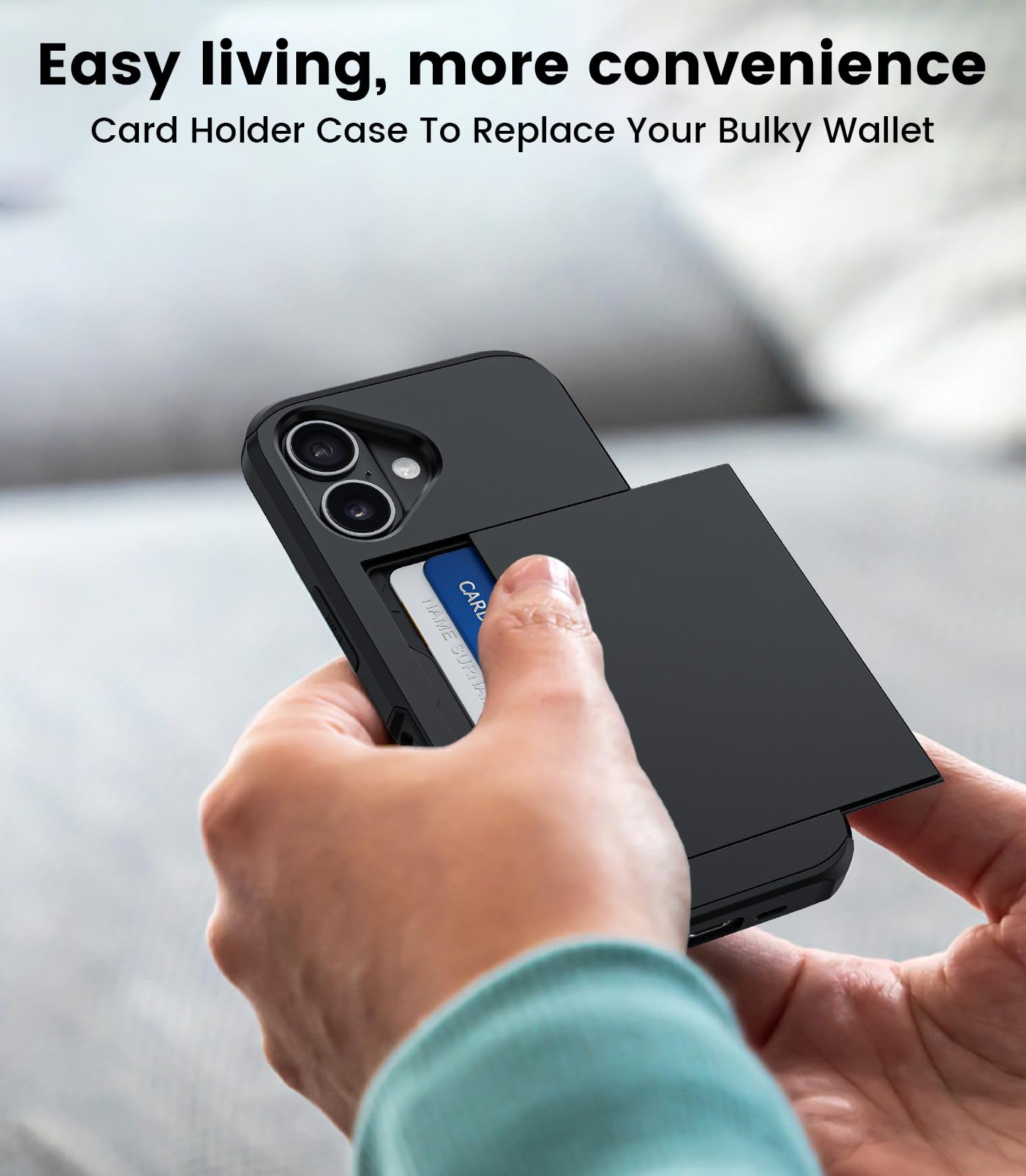 Cover per iPhone 15 con Porta Carte Custodia Portafoglio Antiurto Anti-Graffio Resistente Grado Militare Protettiva Slot Nascosto Scorrevole Case, Nero