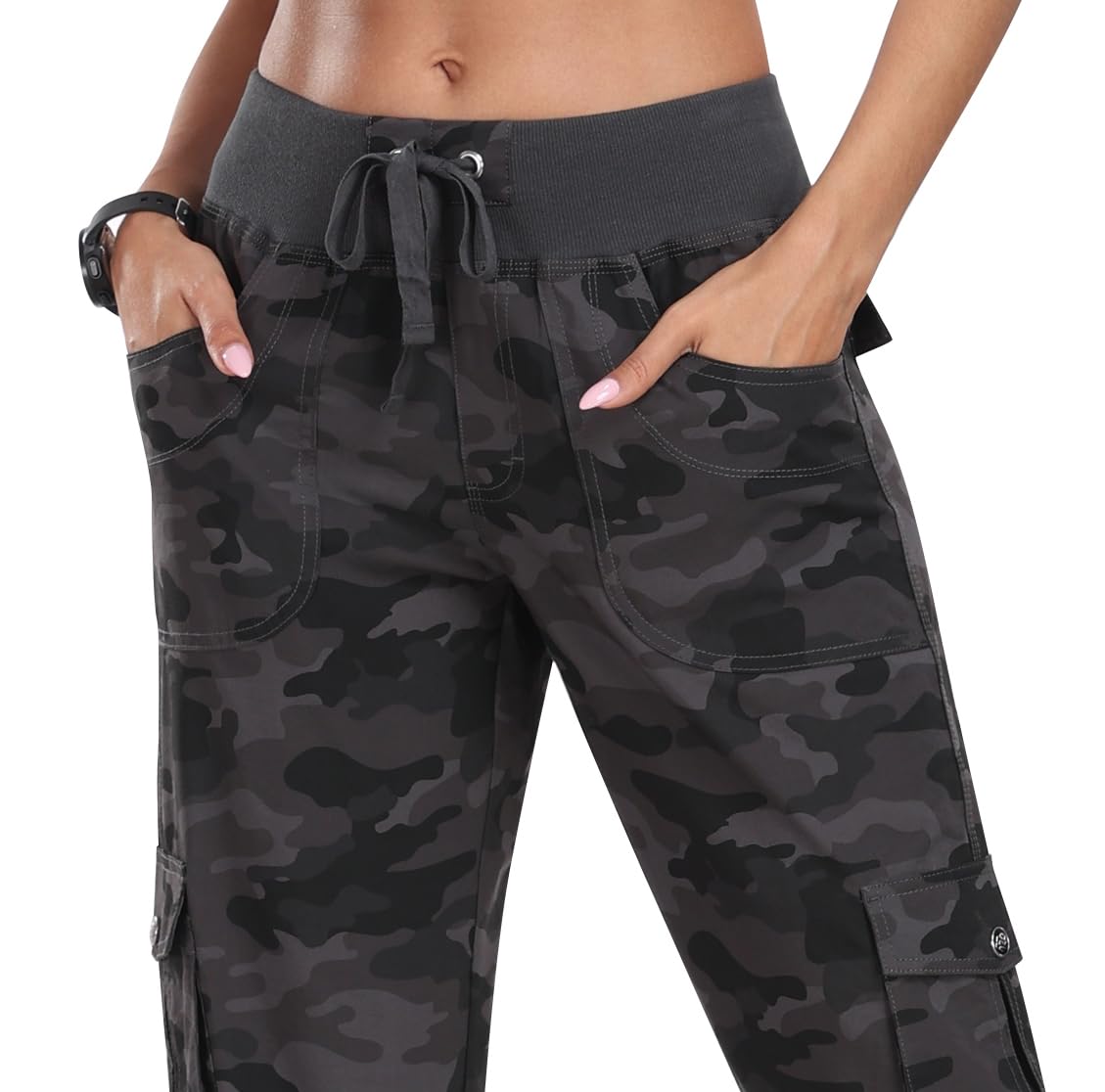 MoFiz Pantaloni Capri da donna con tasche, vestibilità larga, casual, eleganti, leggeri, da donna, larghi, per escursionismo, Grigio mimetico, XS