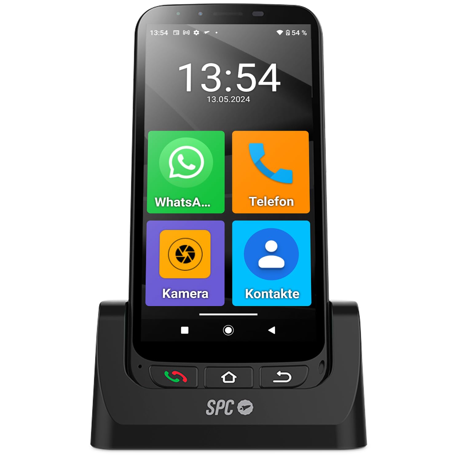 SPC Zeus 4G PRO + Gehäuse - Smartphone für Senioren | Einfacher Modus mit XXL-Symbolen | SOS-Taste, Fernkonfiguration | 4GB RAM, 64GB ROM, Android 11, 13MP Kamera, Ladestation, 5,5', Schwarz Ohne Fernsteuerung