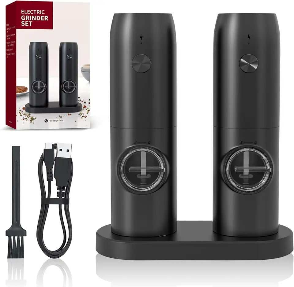 Moinho Elétrico Recarregável com Base de Armazenamento, Moedor de Pimenta e Sal Ajustável em 5 Níveis, Kit Moedor Elétrico com Carregamento Tipo-C para Cozinha, Ervas e Especiarias