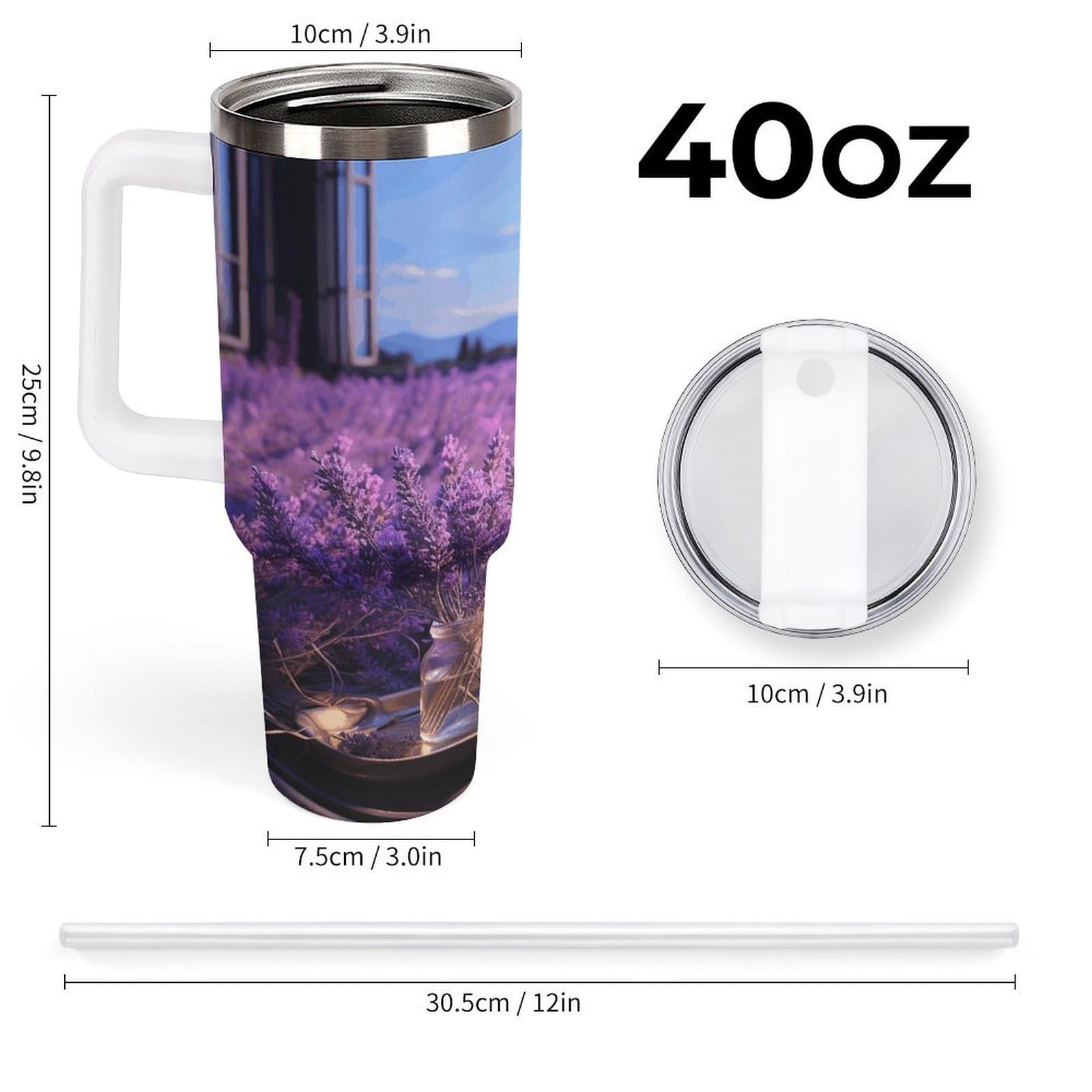Romantische Lavendelbecher mit Strohhalm und Griff, doppelwandige Vakuumisolierung, Wasserflaschen für Eiskaffee, Tee, heiße und kalte Getränke