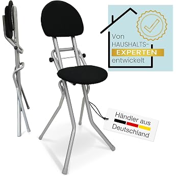 ELONEO Seat Aid Ironing Standing Aid Back-Friendly Non-Slip and Space-saving 3-Way Height Adjustable 58-65 cm with Back Cushion Maximum Load 120 kg Silver 45 x 98 x 47 cm