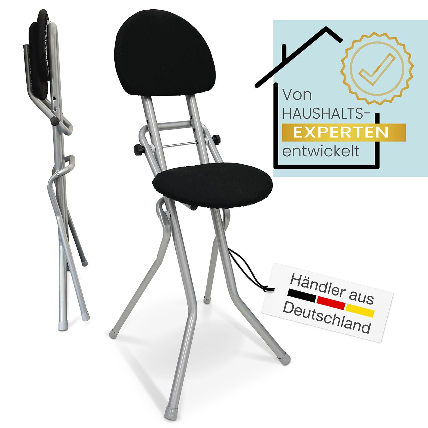 ELONEO Sitzhilfe, Bügelstehhilfe rückenschonend, rutschfest u. platzsparend, 3-Fach höhenverstellbar (58-65 cm), mit Rückenkissen, belastbar bis 120kg, Silber 45 x 98 x 47 cm