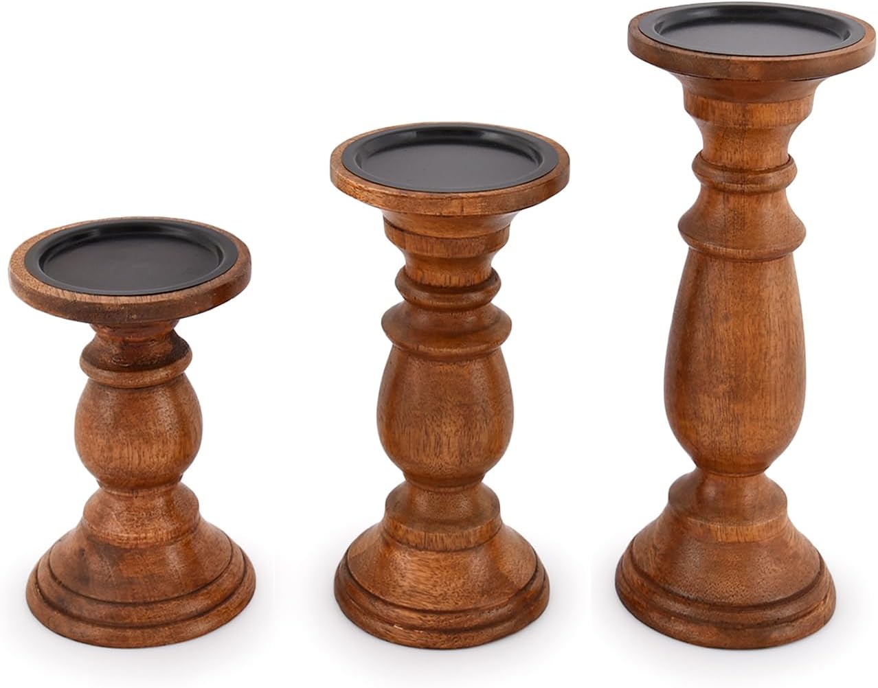 EDHAS Natural Round Turned Candle Holders for Pillar Candles Set of 3 Vintage Style Mango Wood Candle Holder for Centerpiece for Dining, Living Room