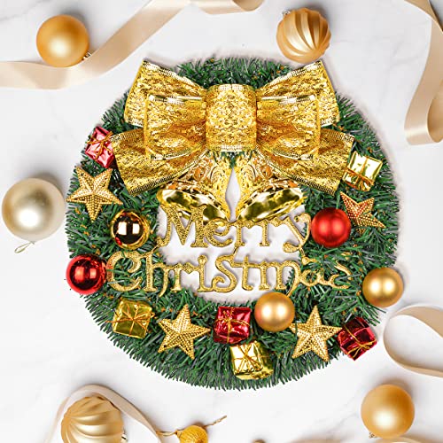 Merry Christmas Wreaths 12Inch Handmade Christmas Garlands With Red Bowknot, Golden Bell And For Indoor Outdoor Door Wall Ornament Window (Gold) #TOP3