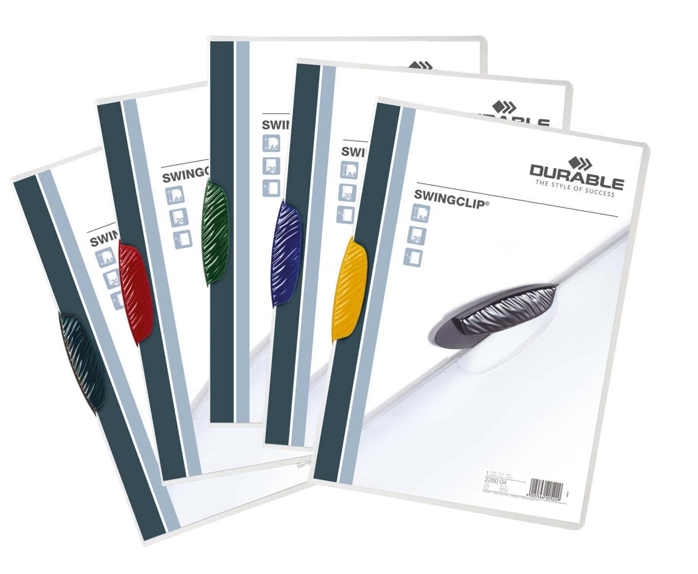 Durable 226000 Carpeta con clip Swingclip, hecho de PP, hasta 30 hojas A4, surtido, paquete de 25