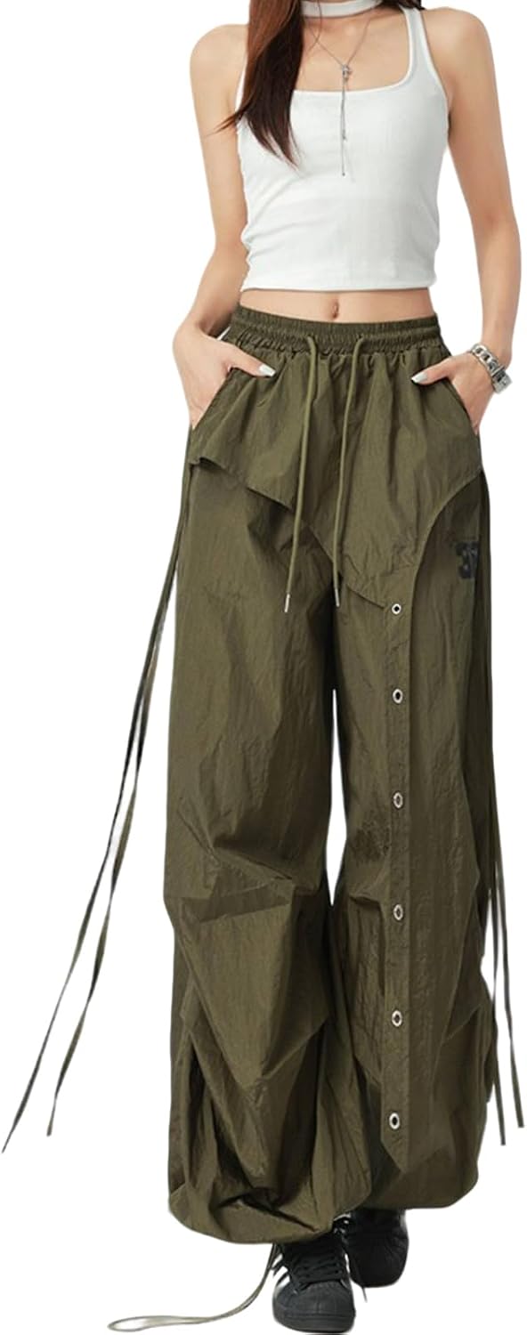Women's Baggy Cargo Pants Casual High Waisted Wide Leg Drawstring Y2K Parachute Joggers Streetwear with Pockets