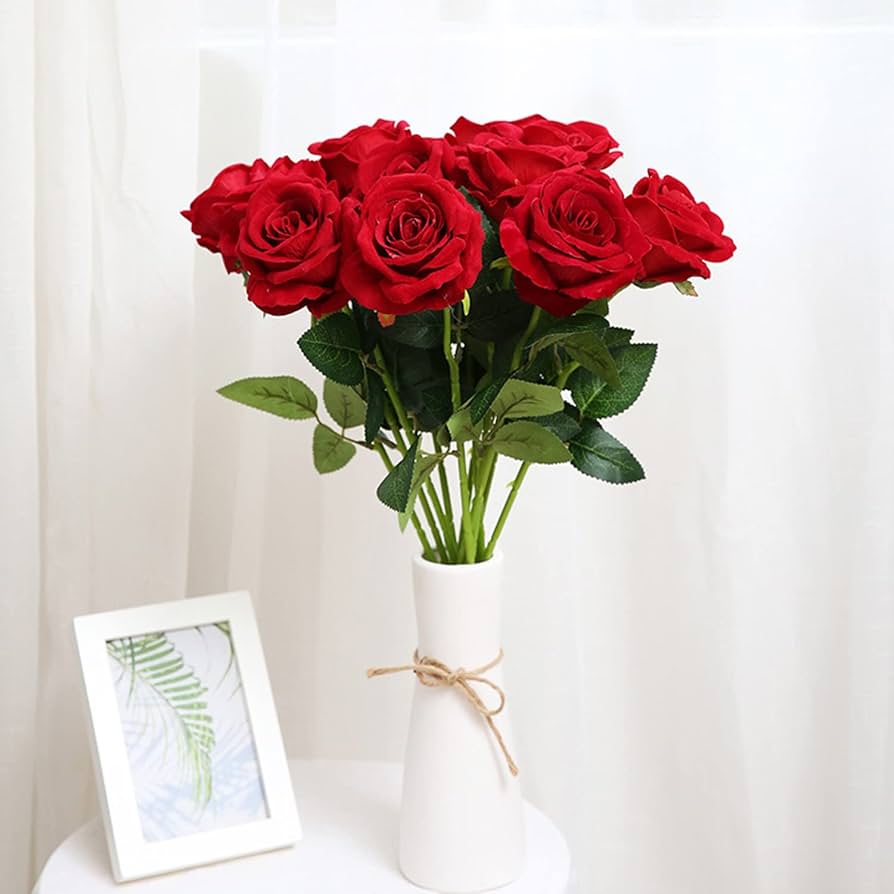 手軽な造花インテリア花器セット　花器+ 赤色の薔薇の造花15本 2206-8142.jpg