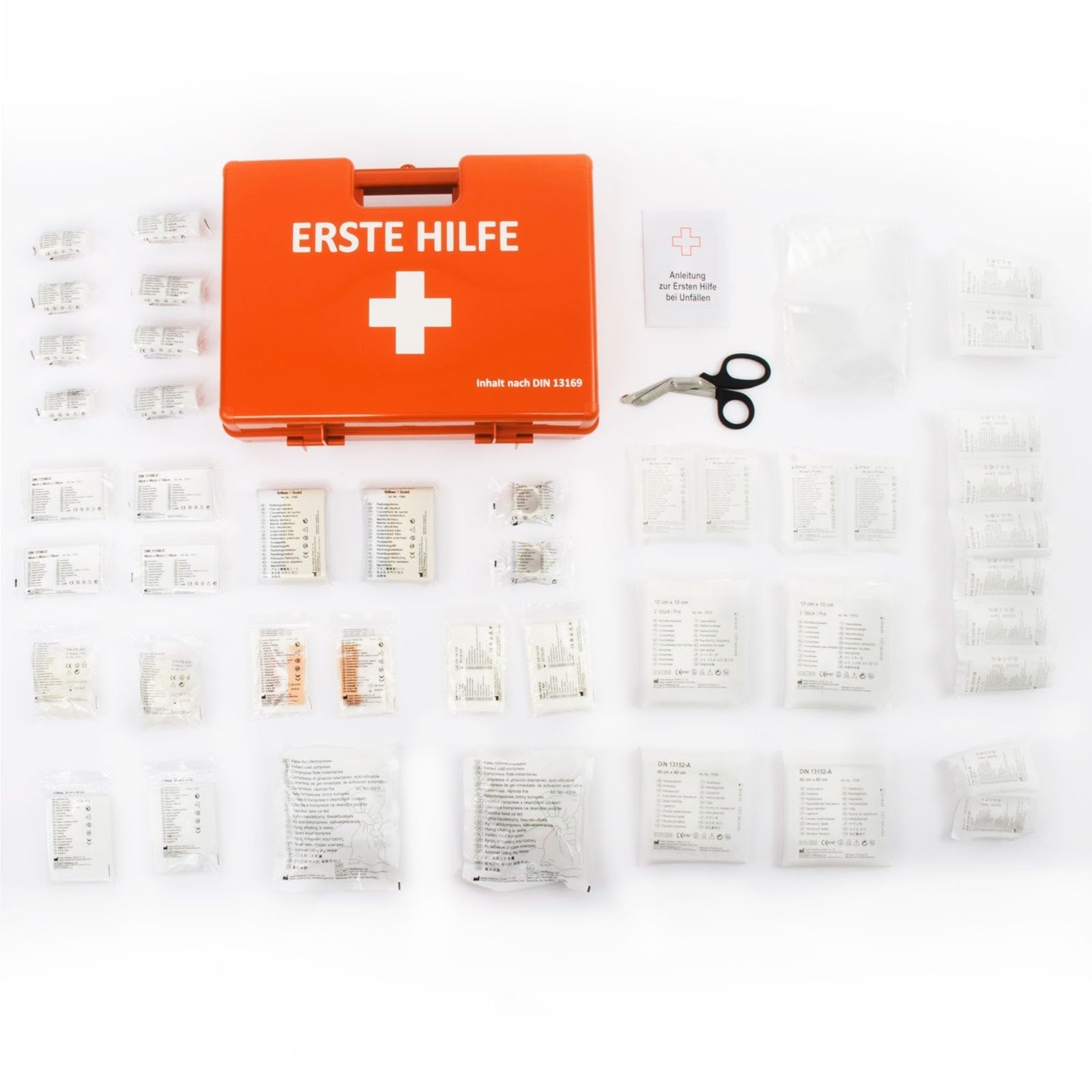 KARAT Trousse de Premiers Secours Moyenne DIN 13169 pour Entreprise & Domicile - Kit de Secours Complet avec Support Mural pour Bureaux Restauration, Capacité jusqu'à 100 Personnes (32 x 22 x 13 cm)