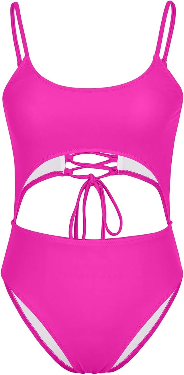 Meyeeka Womens Scoop Neck Cut Out Front Lace Up Back High Cut Monokini One Piece Swimsuit