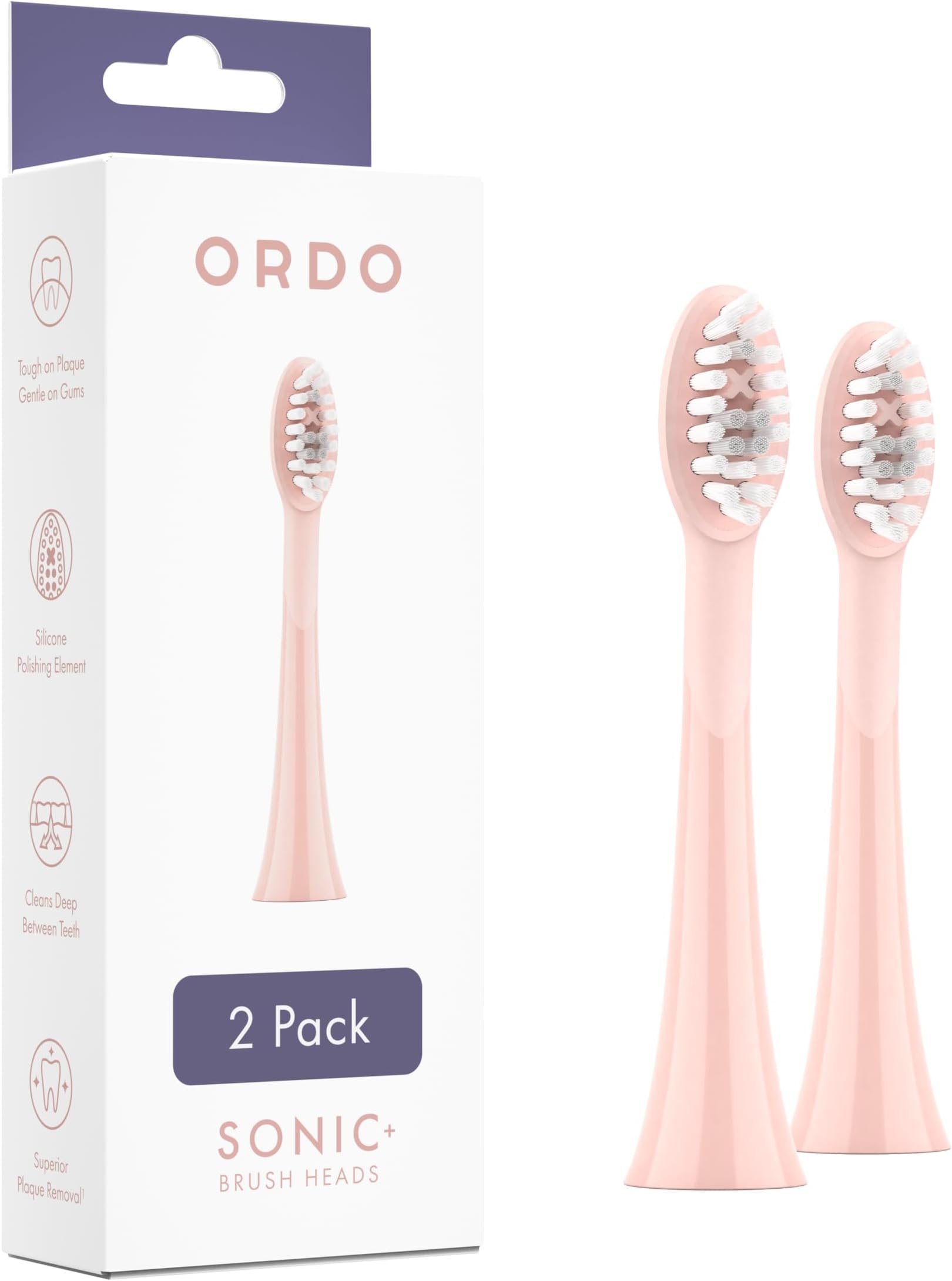 Ordo Replacement Sonic Toothbrush Heads for Teeth Cleaning, Plaque Removal, Silicone Polishing, Deep Clean Bristles, Adults, Pack of 2, Rose Gold