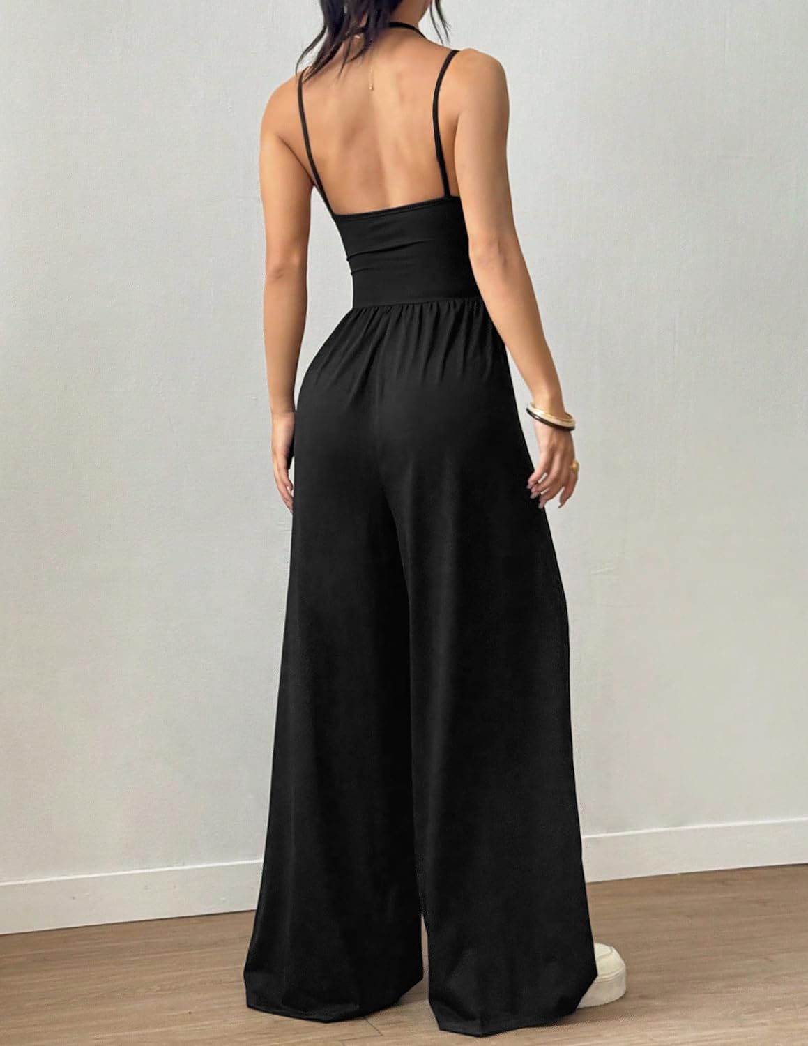 LIAMERHE Combinaison Femme Été Élégante Dos Nu Col Licou Sexy Pantalon Large Fluide Taille Haute Chic Sans Manches Jumpsuit pour Mariage Plage Décontracté Mode Barboteuse
