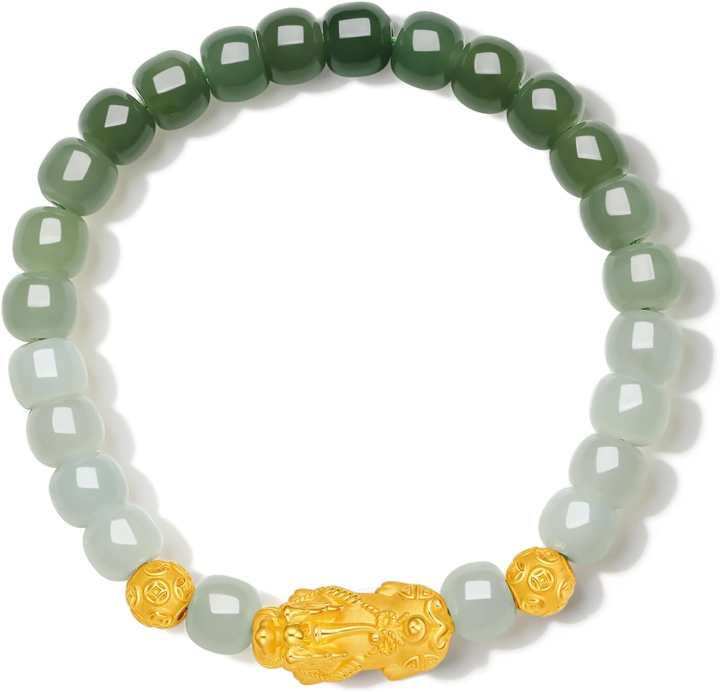 24K Solid Gold Feng Shui Bracelets Real Pure Gold Pixiu Beaded Bracelet Hetian Green Jade Dainty Jewelry for Women Her Mom Anniversary Birthday
