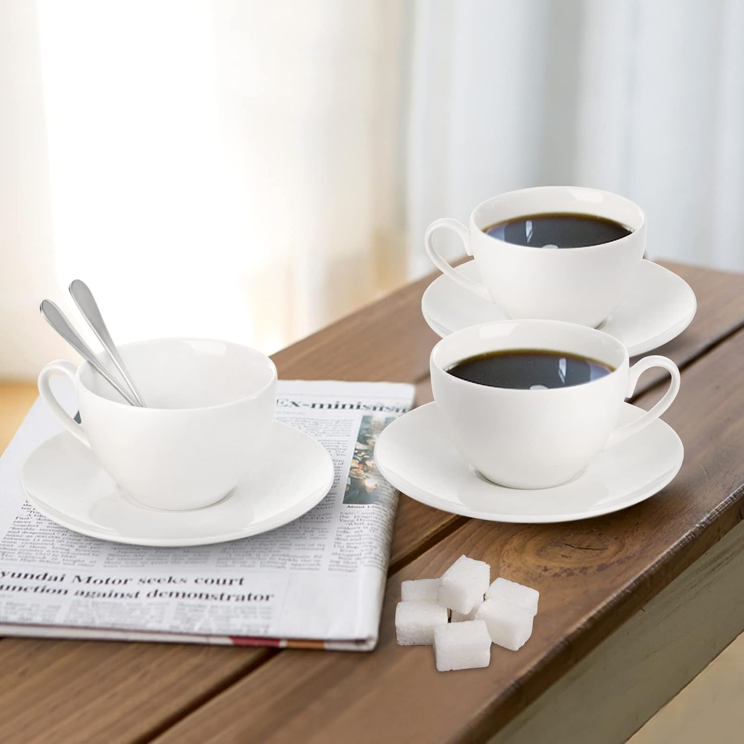 Foraineam Espresso Cups with Saucers and Spoons, 6 oz White Tea Cup Set, Porcelain Coffee Cup and Saucer Set with Stainless Steel Spoon for Specialty Coffee Drinks, Latte, Cafe Mocha and Tea, Set of 6