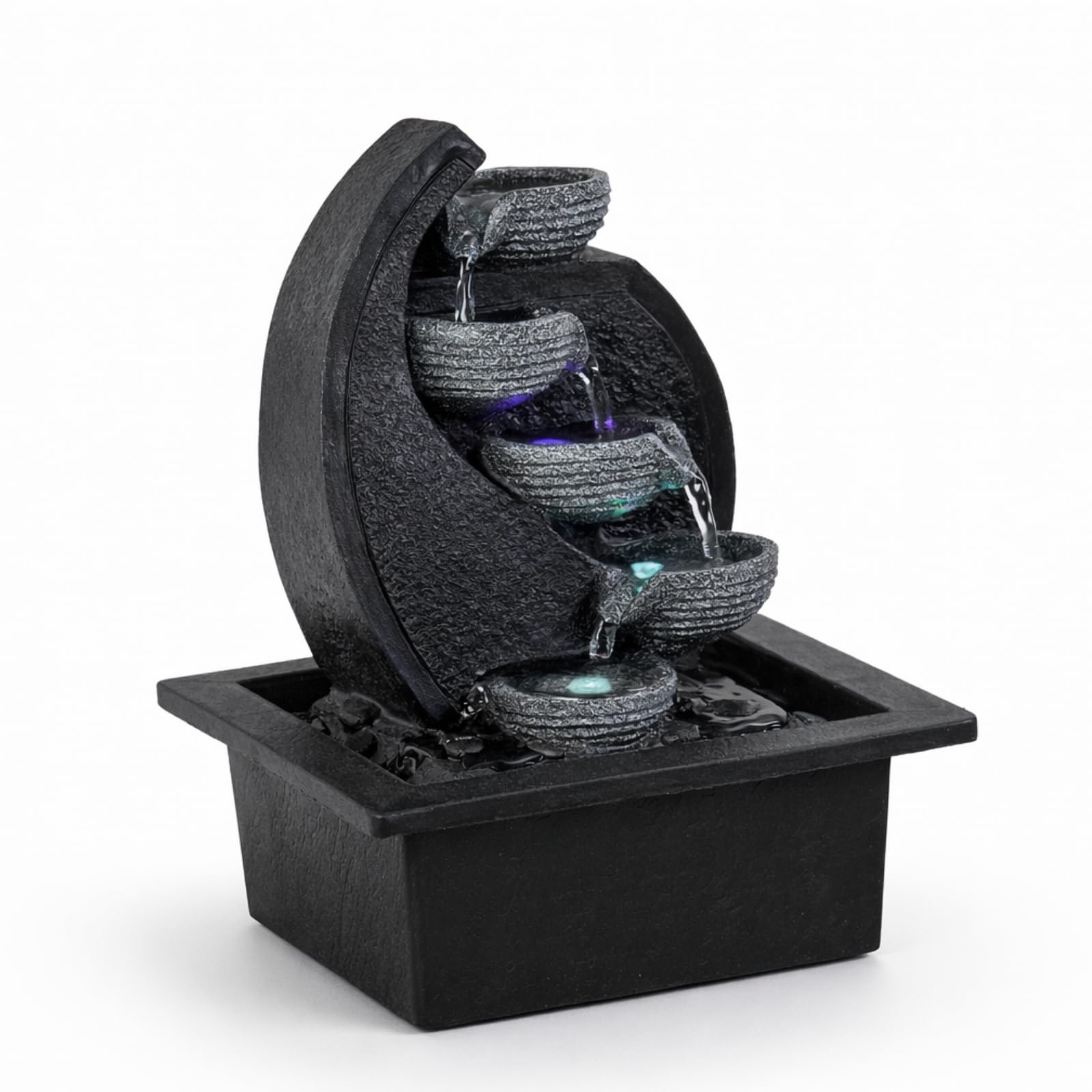 Zen'Light - Fontaine d’Intérieur Cascade V2 4 Niveaux en Jarre Effet Pierre Naturelle avec Lumière LED Coloré - Décor de Table Zen Moderne, Idéal Méditation et Détente - H 26 cm