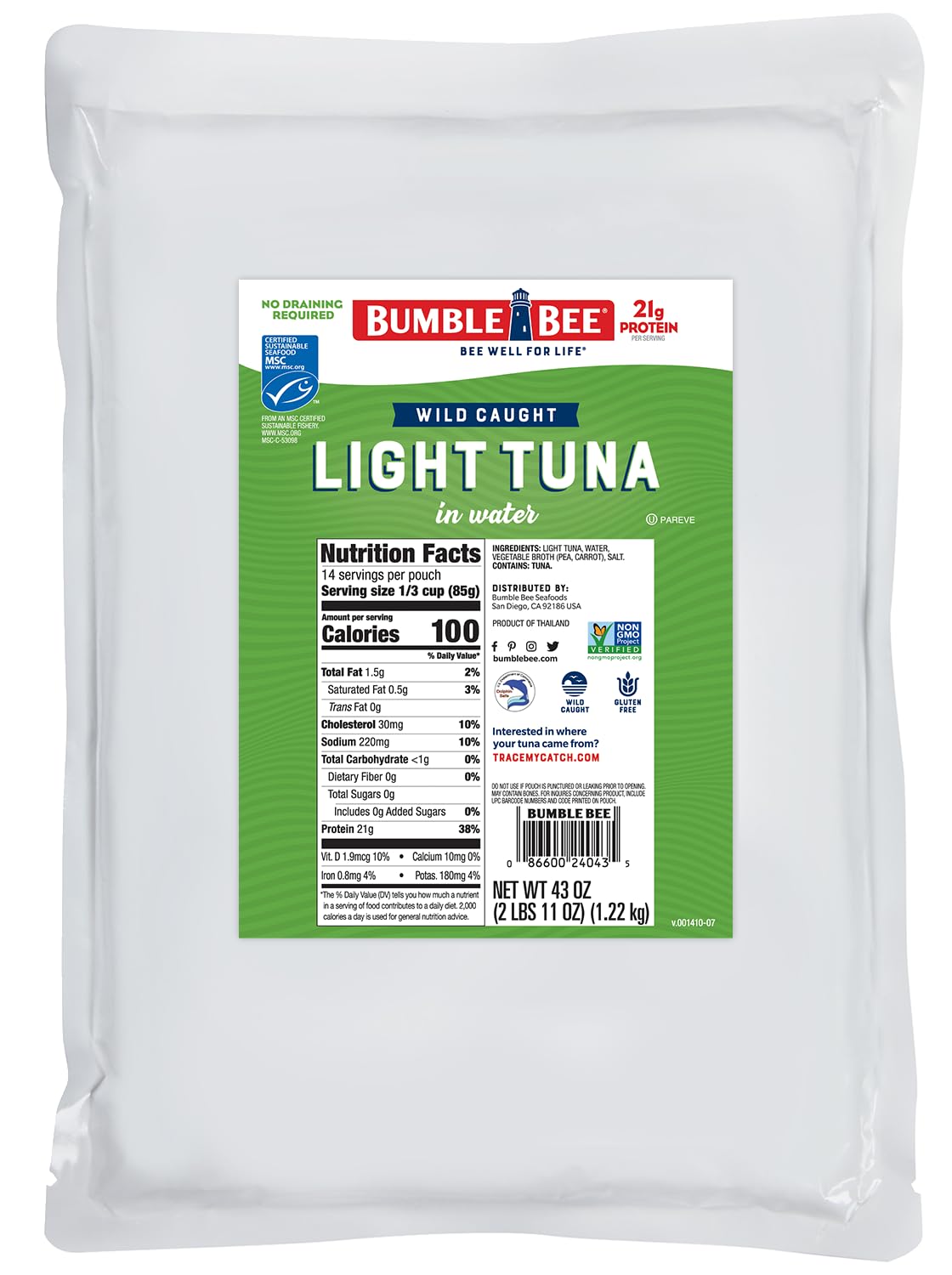 Bumble Bee Chunk Light Tuna In Water, 43 oz Bulk Food Service Pouch - Wild Caught Skipjack Tuna Packet - 21g Protein per Serving - MSC Sustainable Seafood, Non-GMO, Gluten Free, Kosher