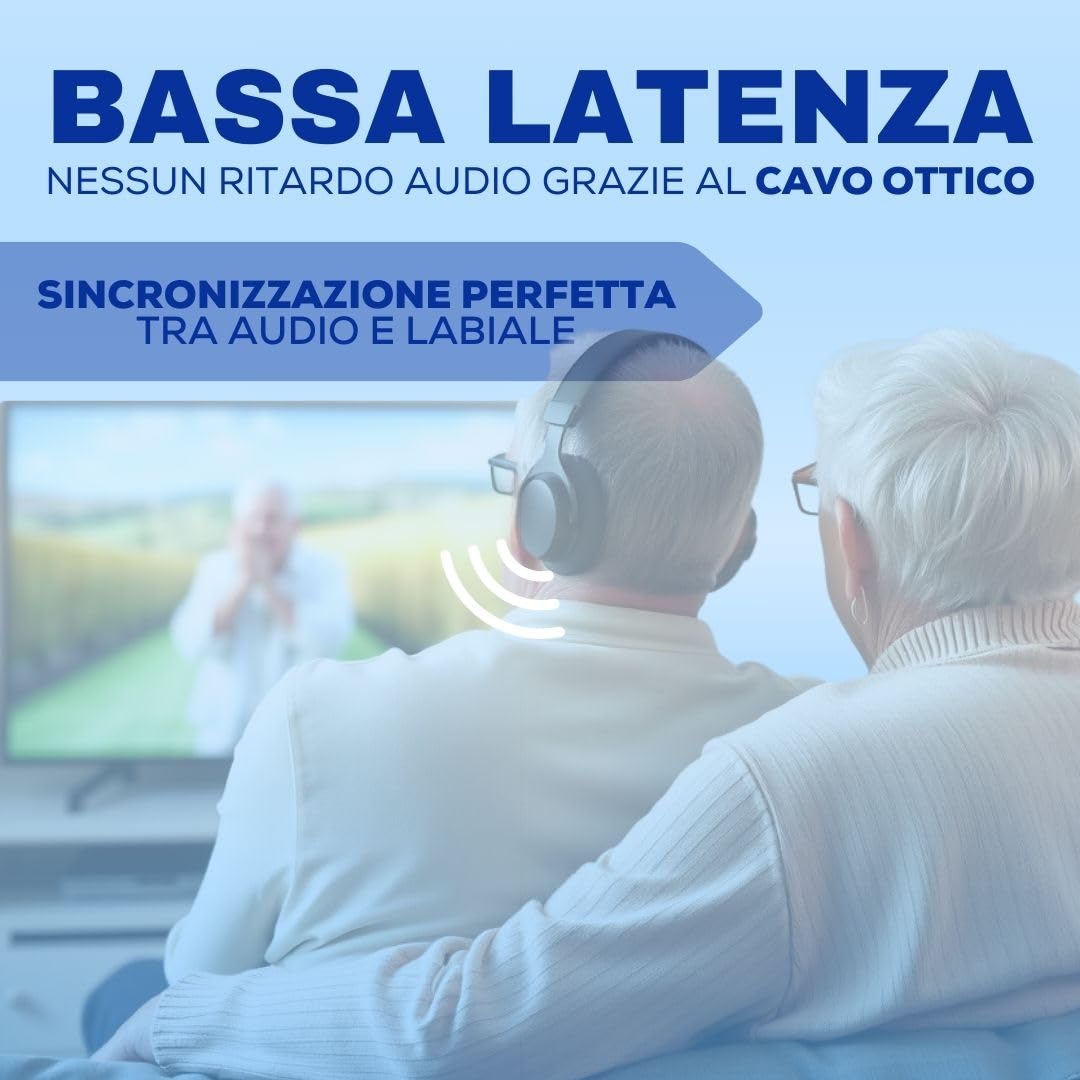 SAIET Cuffie Bluetooth con Amplificazione Audio per TV, Musica e PC | Cuffie Crystal Sound a Bassa Latenza, Fino a 45 Ore di Autonomia con Base di Ricarica, Facili da Usare, Design Ergonomico