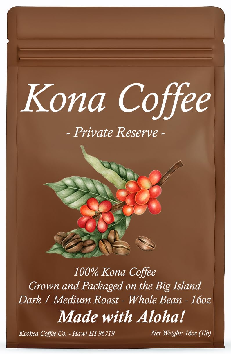 100% Hawaiian Kona Coffee - Whole Bean - Dark/Medium Roast - 1lb (16oz) - Private Reserve - Farm Fresh - Grown and Packaged on the Big Island of Hawaii - Keokea Coffee Co.