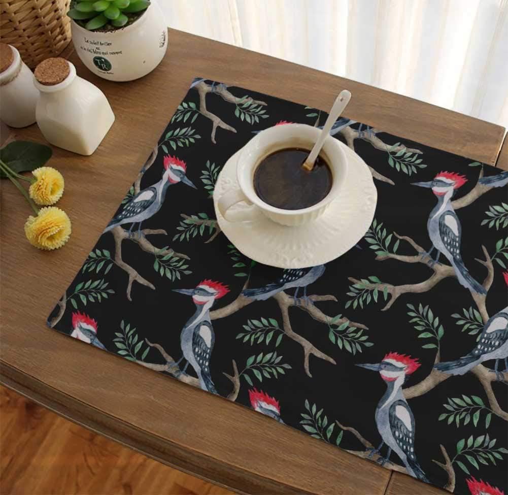 S4Sassy Black Pecan Leaves & Woodpecker Bird Table Decor Reversible Dining Washable Placemats Set-12 x 18 Inches-6 Pcs