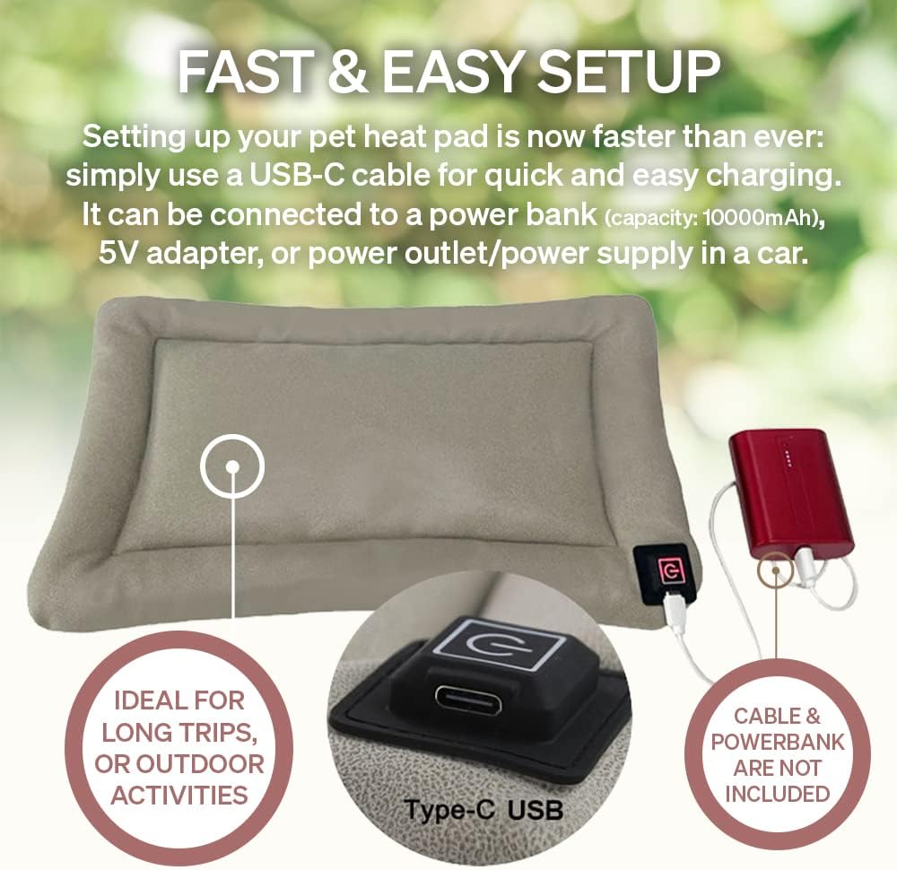 Portable, Waterproof, Soft Heating Pad for Cats and Dogs - Non-Slip, Adjustable Temp, Power Bank Compatible Heated Pet Mat - Suitable for Indoor and Outdoor Use - 19.7 x 13.8 x 0.8inch