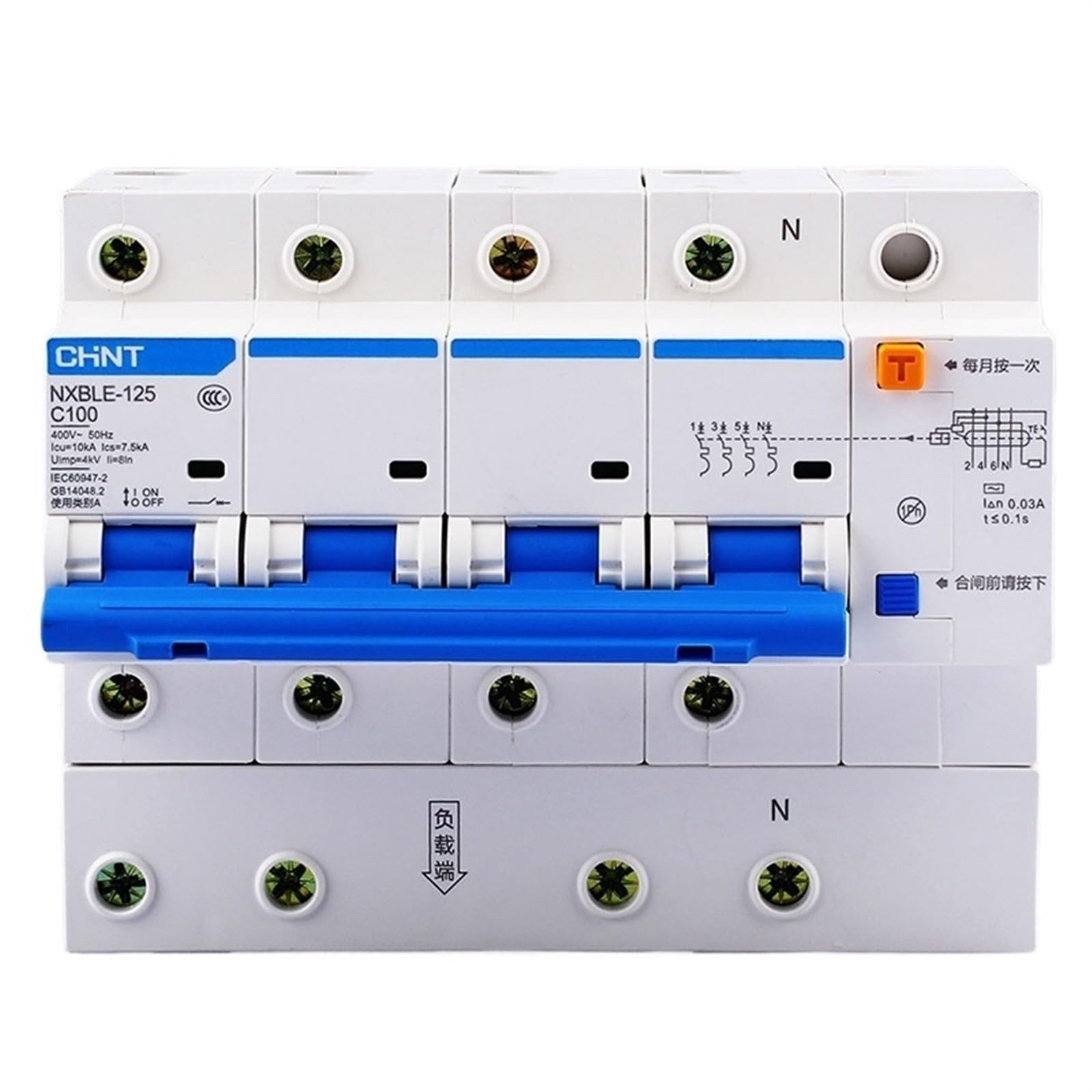 GVBAEPIEO AC230/400V NXBLE-125 4P Residual Current Device C 63 80 100 125A Type Short Circuit Protection Overload(80a)