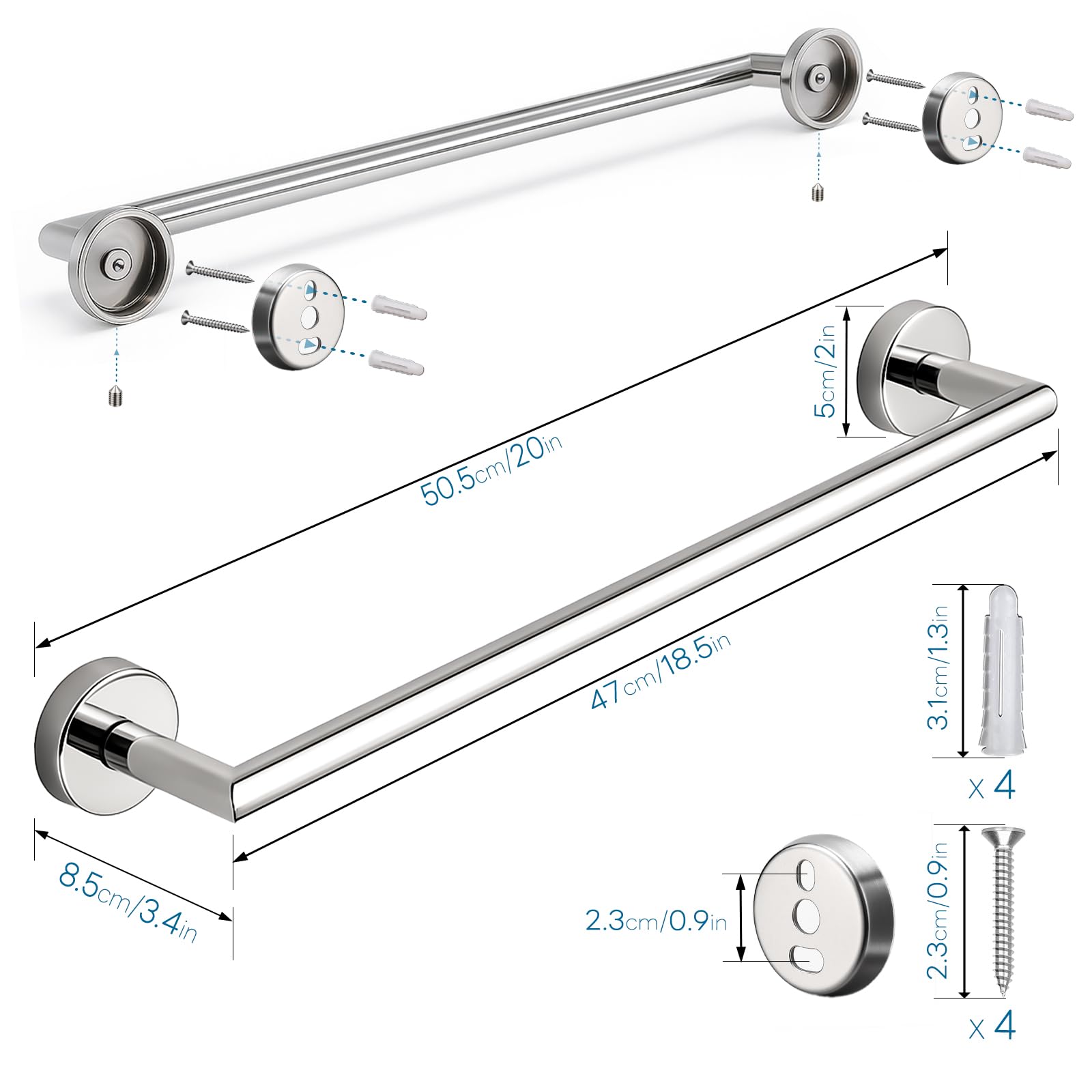 Set Premium 4 Piezas Acero Inoxidable 304 para Baño - Portarrollos, Toallero, Anillo & Gancho Doble (Montaje con Taladro, 15kg Capacidad) - Cromo Espejo para Hogar & Hotel