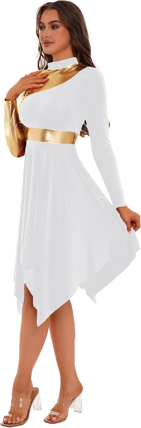 easyforever Women's Metallic Gold Color Block Praise Dance Dress Long Sleeve Worship Dance Overlays