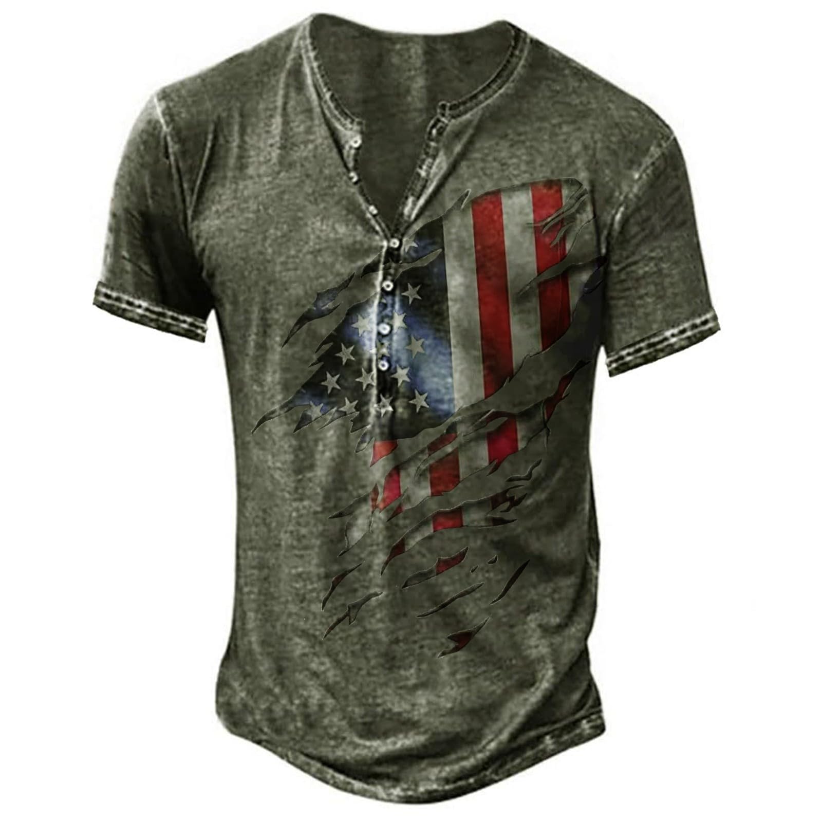 Henley Shirt Herren Kurzarm V-Ausschnitt Vintage Distressed Totenkopf Shirt Usa Flaggen Druck Trachtenhemd Mit Knopf Männer Tatoo Shirt Sommer Cowboy Shirt Relaxed Fit Oversized Tshirt Papa Shirt
