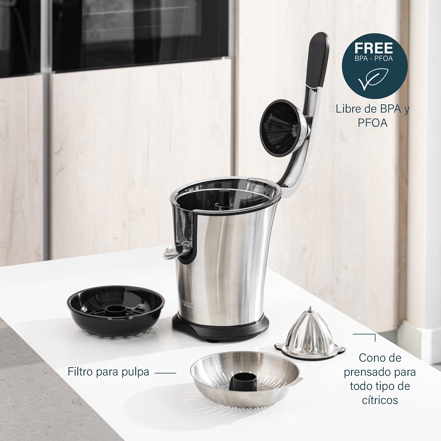 Princess 201860 Exprimidor de Cítricos Master Juicer Pro, Cono universal de acero inoxidable, Brazo de Palanca Profesional, Potente Motor de 300 W, Filtro para Pulpa, Depósito con Sistema Antigoteo
