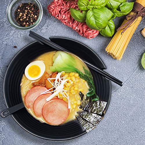 Vivimee Unbreakable Japanese Style Ramen Bowl Set Of 2, 37Oz Black Large Ramen Bowls And Spoons Set With Chopsticks & Saucers For Pho Thai Miso Udon Soup Noodles Or Asian Food, Matte Melamine Bowls #TOP2