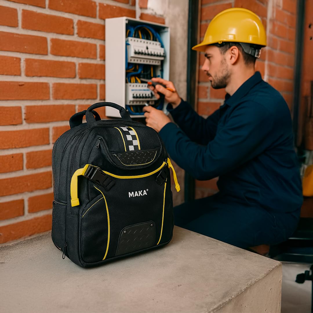MAKA Zaino Porta Attrezzi da Lavoro, 51 Scomparti, 40L, Porta fino a 20kg, Clip Incastro, Piedi in Gomma Antiscivolo, Impermeabile agli Schizzi, Traspirante, Zaino Borsa Attrezzi Elettricista