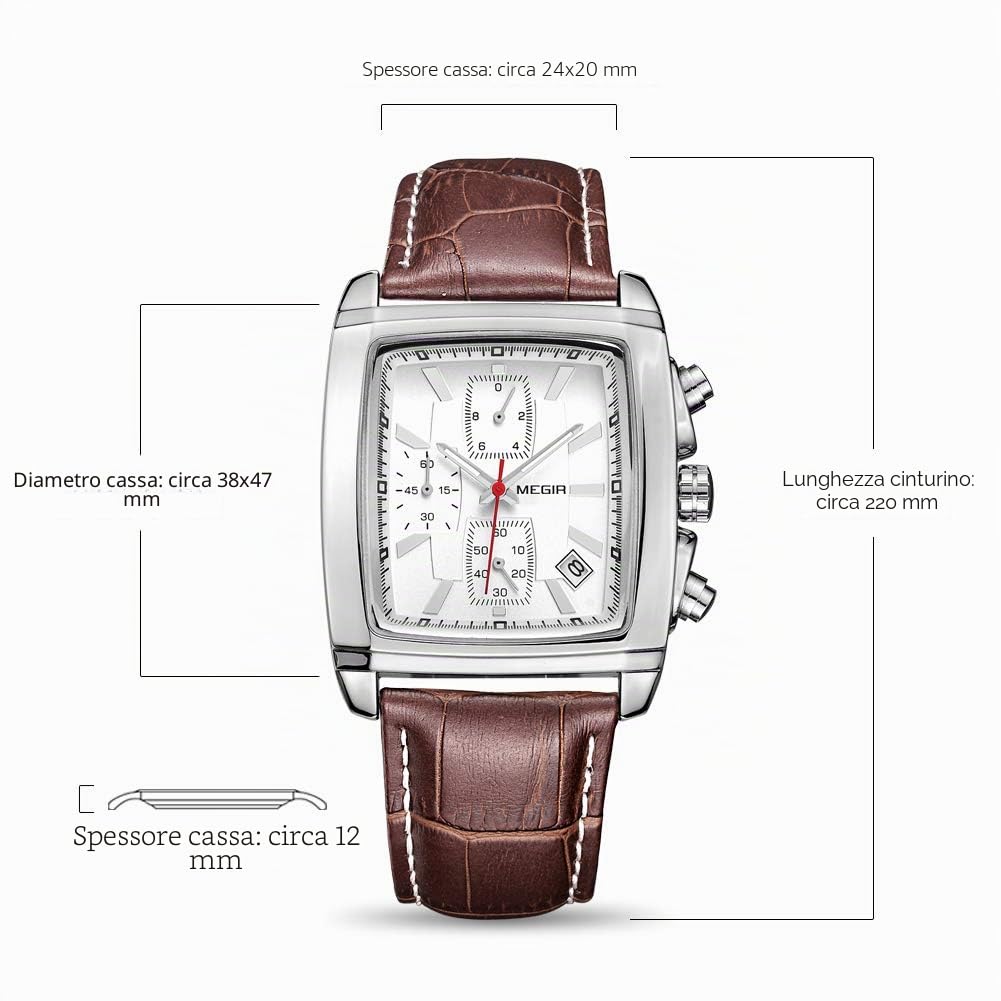 MEGIR, Orologio con cronografo, analogico, da uomo, al quarzo, luminoso, rettangolare, con elegante cinturino in pelle, per sport e lavoro